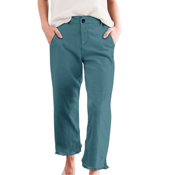 Bovemsi Casual Pants for Women Cropped Linen High Waisted Straight Leg Work Business Ankle With Pockets for Travel