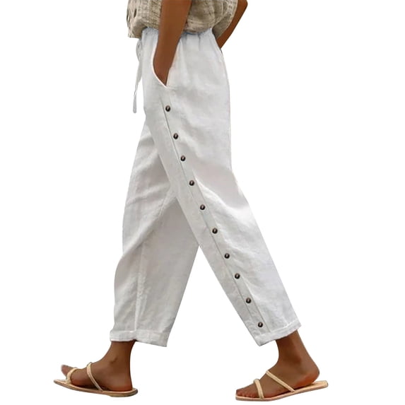 Bovemsi Casual Pants for Women Fashion Solid Color Cotton Flax Elastic Long Beach Leisure Trousers Linen with Pockets