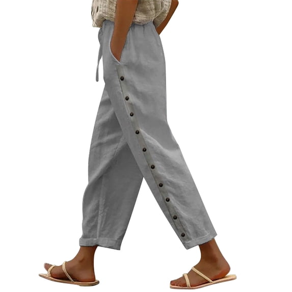Bovemsi Casual Pants for Women Fashion Solid Color Cotton Flax Elastic Long Beach Leisure Trousers Linen with Pockets