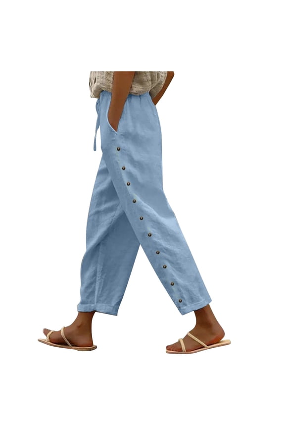 Casual Pants for Women Fashion Solid Color Cotton Flax Elastic Long Beach Leisure Trousers Linen with Pockets