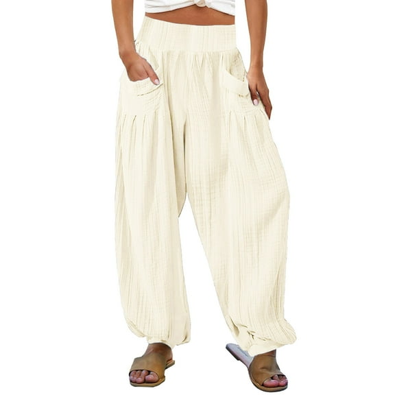 Bovemsi Casual Pants for Women High Waist Wide Leg Palazzo Beach Loose Baggy Harem With Pockets Beach Trousers