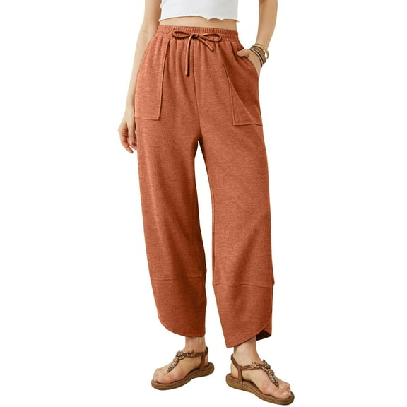 Bovemsi Casual Pants for Women Ladies' Solid Color Cotton Sweatpants With Pockets Crossed Cuffs Loose Straight Leg Haren Cropped Beach Trousers