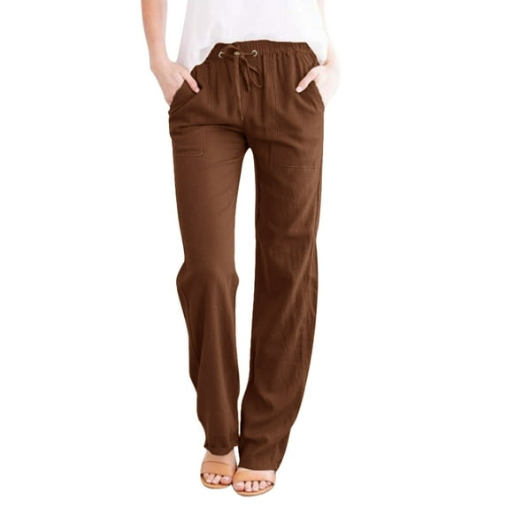 Bovemsi Casual Pants for Women Solid Color Loose Pockets Elastic Belt Waist Long Trousers for Travel