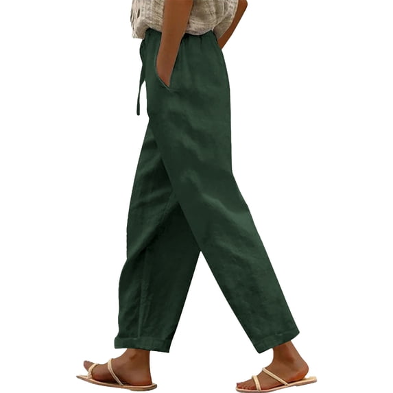Bovemsi Casual Pants for Women Solid Straight Elastic Long Linen Waist Cotton Slit Trouser Legs Beach Trousers with Pockets