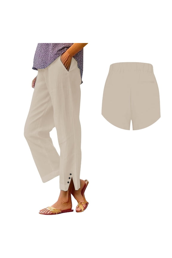 Casual Pants for Women Solid Straight Elastic Long Linen Waist Cotton Slit Trouser Legs with Pockets