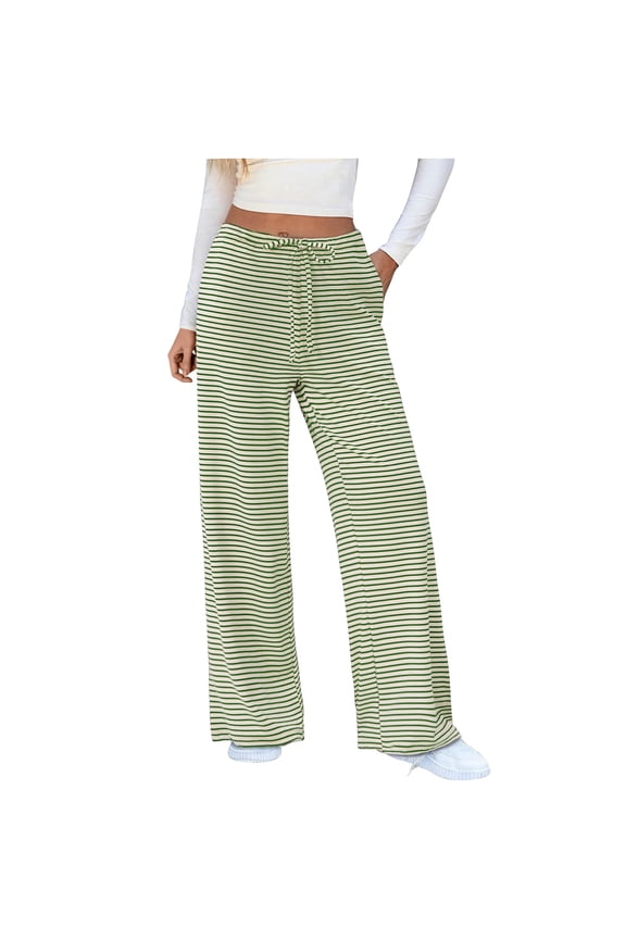 Casual Pants for Women Striped Wide Leg Drawstring Elastic Waist Knit Baggy Sweatpants With Pockets for Travel