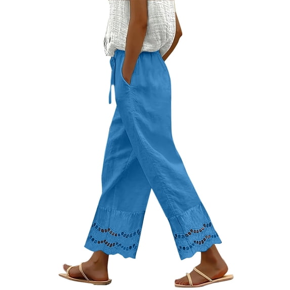 Bovemsi Casual Pants for Women Summer 2025 New Women's Loose Fitting Patchwork Lace Cotton Linen Casual Wide Leg Trousers with Pockets