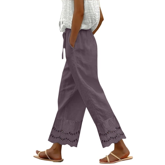 Bovemsi Casual Pants for Women Summer 2025 New Women's Loose Fitting Patchwork Lace Cotton Linen Casual Wide Leg Trousers with Pockets