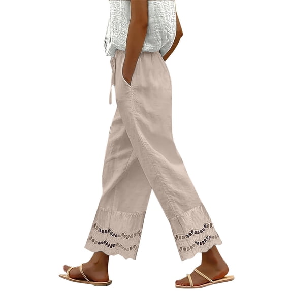 Bovemsi Casual Pants for Women Summer 2025 New Women's Loose Fitting Patchwork Lace Cotton Linen Casual Wide Leg Trousers with Pockets