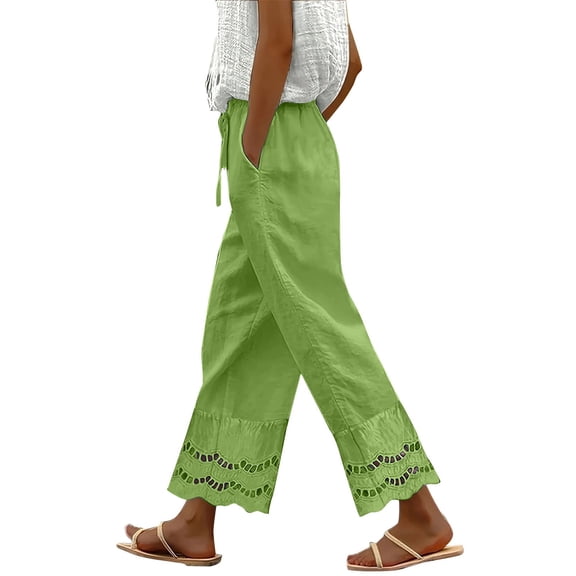 Bovemsi Casual Pants for Women Summer 2025 New Women's Loose Fitting Patchwork Lace Cotton Linen Casual Wide Leg Trousers with Pockets
