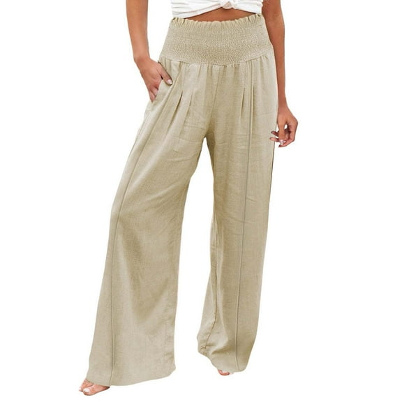 Bovemsi Casual Pants for Women Summer High Waisted Cotton Linen Palazzo Wide Leg Long Pant Trousers With Pocket Beach Trousers