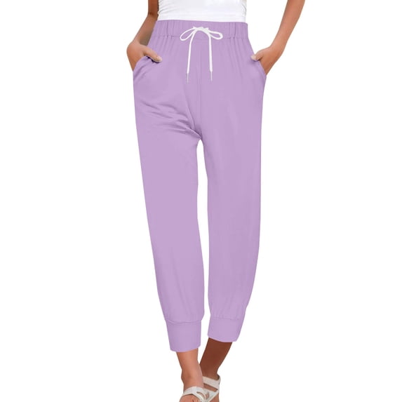 Bovemsi Casual Pants for Women Sweatpants Drawstring Fashion Solid Color Cropped Beach Trousers with Pockets