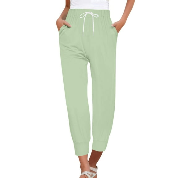 Bovemsi Casual Pants for Women Sweatpants Drawstring Fashion Solid Color Cropped Beach Trousers with Pockets