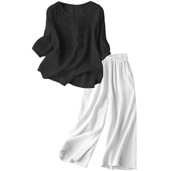 Bovemsi Casual Pants for Women Women's Embroidered Top And Cotton Linen Long Two Piece Set Casual Wide Leg Trousers with Pockets