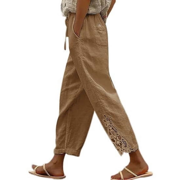Bovemsi Casual Pants for Women Women's Fashion Solid Color Cotton Linen Elastic Trousers Beach Line Beach Trousers with Pockets