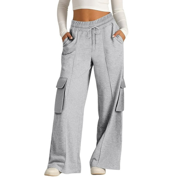 Bovemsi Casual Pants for Women Women's Fashion Solid Color Waist Wide Leg With Drawstring Pocket Beach Trousers with Pockets