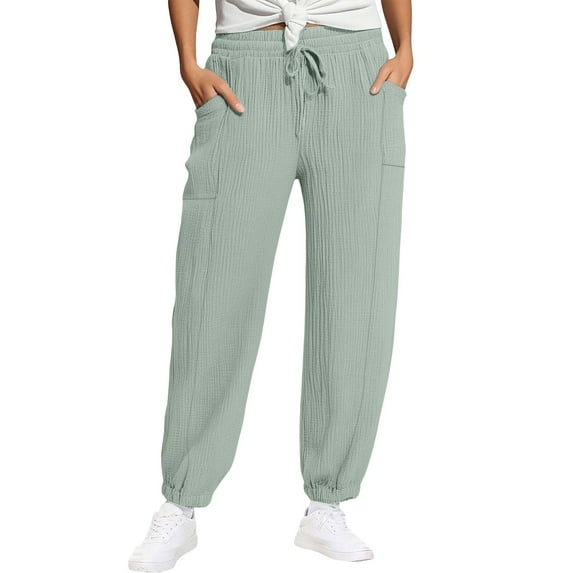 Bovemsi Casual Pants for Women Women's Linen Wide Leg Loose High Waist Beach Haren Pockets Beach Trousers