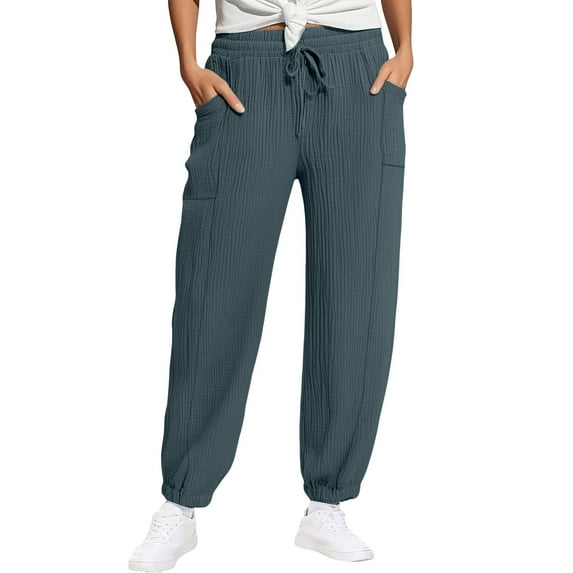 Bovemsi Casual Pants for Women Women's Linen Wide Leg Loose High Waist Beach Haren Pockets Beach Trousers
