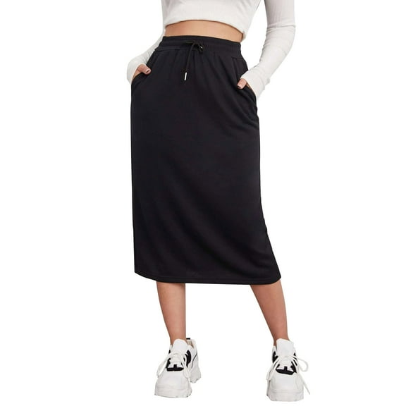 Bovemsi Casual Pants for Women Women's Midi Skirt Drawstring High Waist Skirts With Pockets Casual Wide Leg Trousers