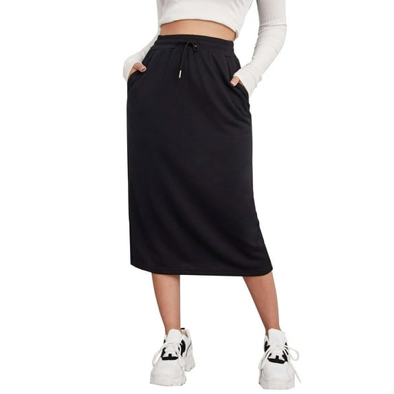 Bovemsi Casual Pants for Women Women's Midi Skirt Drawstring High Waist Skirts With Pockets Casual Wide Leg Trousers