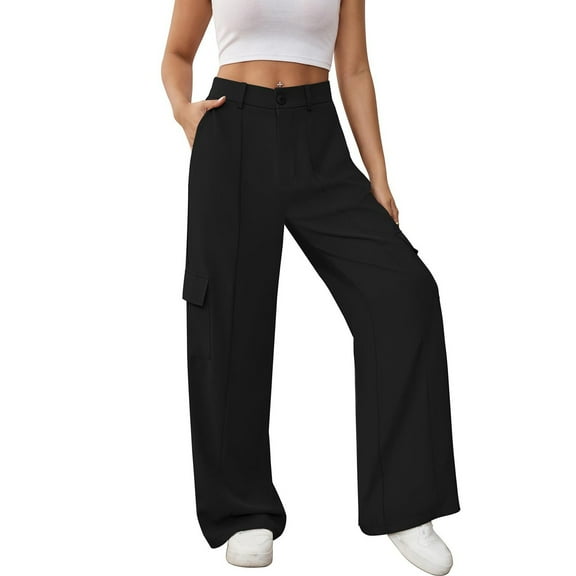 Bovemsi Casual Pants for Women Womens High Waisted Wide Leg Cargo Baggy Dress Work Trousers With 4 Pockets 2025 Trendy Beach Trousers