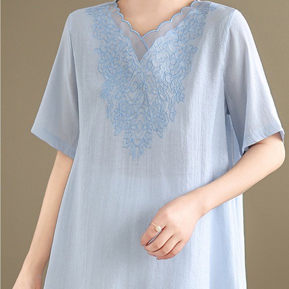 Bovemsi Chinese Style Retro Embroidered V-Neck Short Sleeve Tunic – 2025 Summer New Boho Loose Fit Blouse, Blue, XL