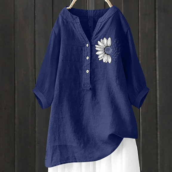 Bovemsi Cotton Linen Shirts for Women V Neck 3/4 Sleeve Loose Tshirt Trendy Blouses Casual Tunic Tops 2025, Blue Summer Women's Long Sleeve T-Shirts, M
