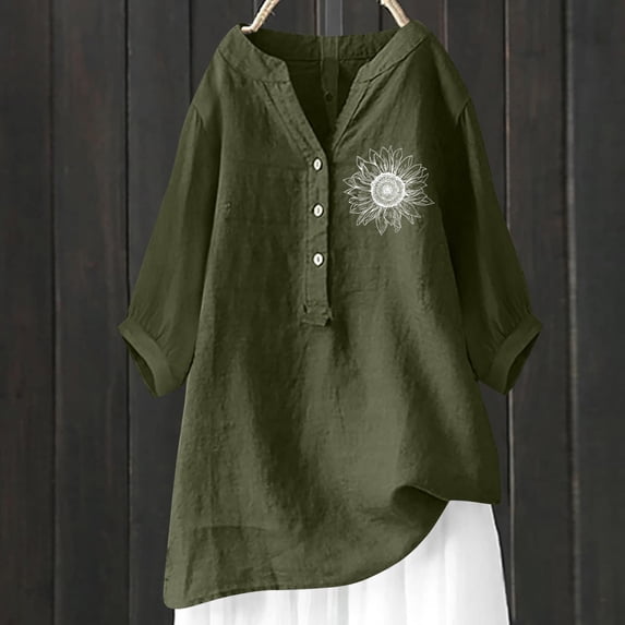 Bovemsi Cotton Linen Shirts for Women V Neck 3/4 Sleeve Loose Tshirt Trendy Blouses Casual Tunic Tops 2025, Green Summer Women's Long Sleeve T-Shirts, XXL