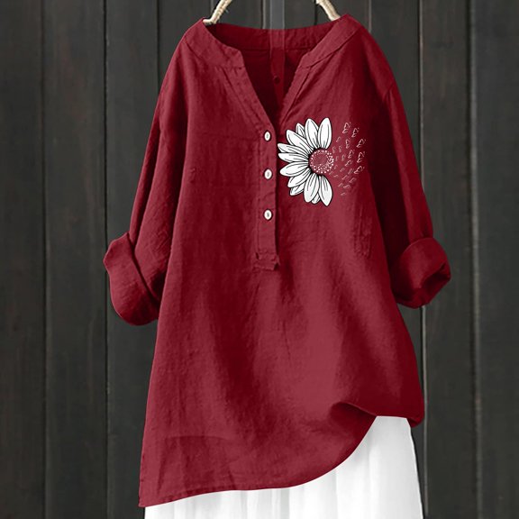 Bovemsi Cotton Linen Shirts for Women V Neck 3/4 Sleeve Loose Tshirt Trendy Blouses Casual Tunic Tops 2025, Red Summer Women's Long Sleeve T-Shirts, S