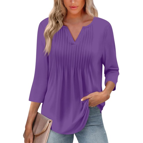 Bovemsi Cute Summer Tops for Women 3/4 Sleeve Blouse Floral Print Tops Casual Pleated Sleeve Shirts, Purple Summer Women's Long Sleeve T-Shirts, M