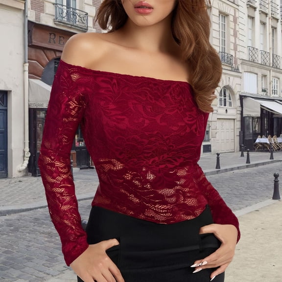 Bovemsi Elegant Fan Shaped Collar with A Straight Neckline Off Shoulder Lace Slim Fit and Slimming T Shirt Long Sleeved Top, Red Summer Women's Long Sleeve T-Shirts, S
