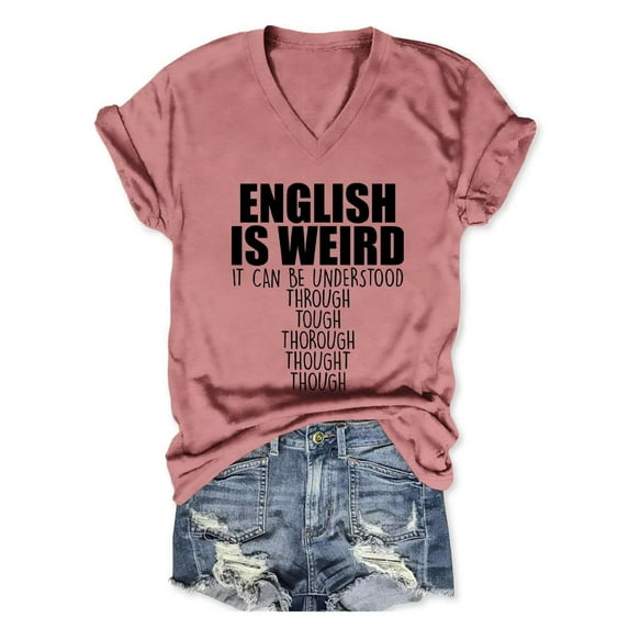 Bovemsi English Teacher Shirt Women English Is Weird V Neck Graphic Tees Tshirt Language Lover T Shirt Grammar Teacher Tops, Pink Women's Summer Short Sleeve T-Shirts, XXL