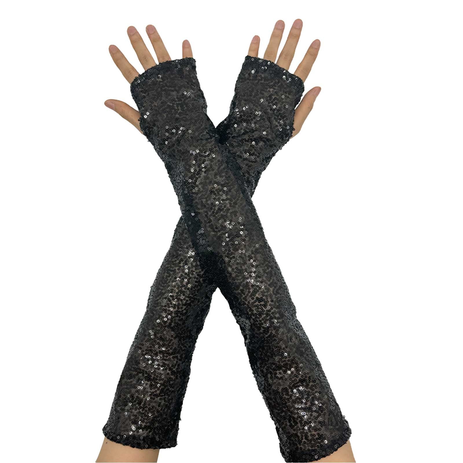 Women's Rhinestone Fishnet Long Gloves, Sparkly Glitter