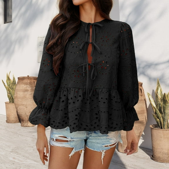 Bovemsi Hollow Out T Shirt for Women Long Sleeve Tiered Ruched Tops Solid Color Tie Waist Tee Shirts Loose Summer Outfits, Black Summer Women's Long Sleeve T-Shirts, S