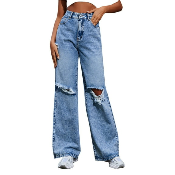 Bovemsi Jeans For Women Trendy High Waist Baggy Straight Leg Holes Trousers Casual Ripped Denim Pants Streetwear Baggy Jeans L