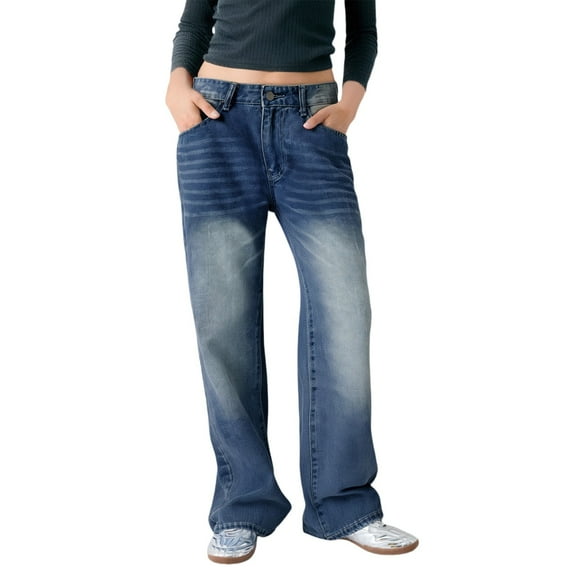 Bovemsi Jeans For Women Trendy High Waisted Wide Leg Stretchy Distressed Denim Pants Baggy Jeans S