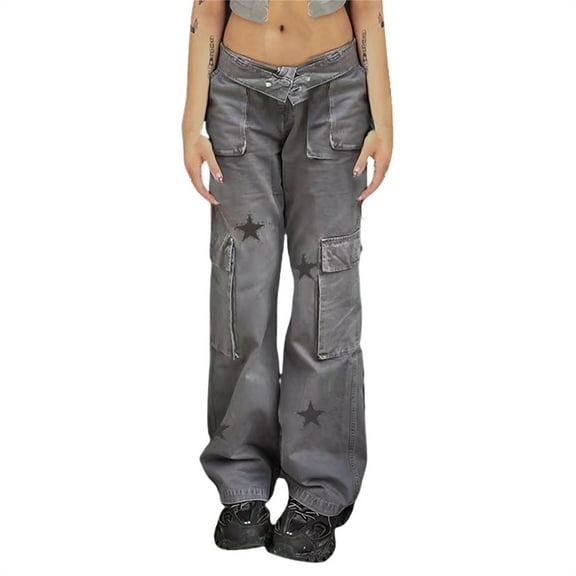 Bovemsi Jeans For Women Trendy Y2K Wide Leg Trousers With Straight And Star Print Denim Pockets Baggy Jeans L