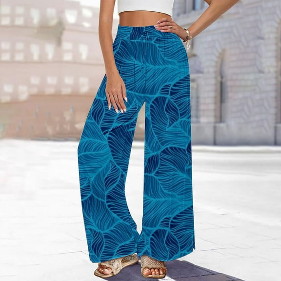 Bovemsi Ladies' Boho Printed High Waist Palazzo Pants - Wide Leg Loose Fit Summer Casual Trousers with Pockets, Pink, S