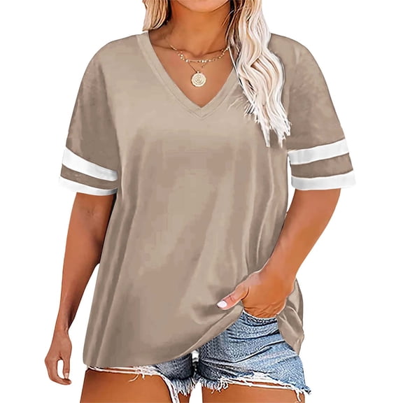 Bovemsi Ladies Loose Casual V Neck Short Sleeve Cuff Striped Patchwork Solid Color Womens T Shirt, Beige Women's Summer Short Sleeve T-Shirts, L