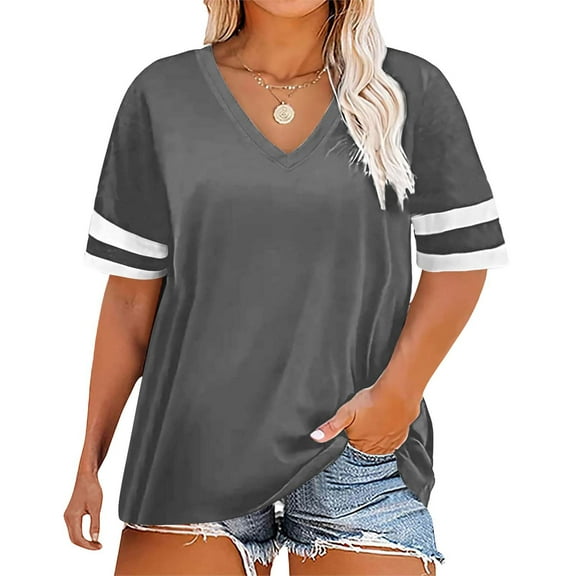 Bovemsi Ladies Loose Casual V Neck Short Sleeve Cuff Striped Patchwork Solid Color Womens T Shirt, Gray Women's Summer Short Sleeve T-Shirts, XL