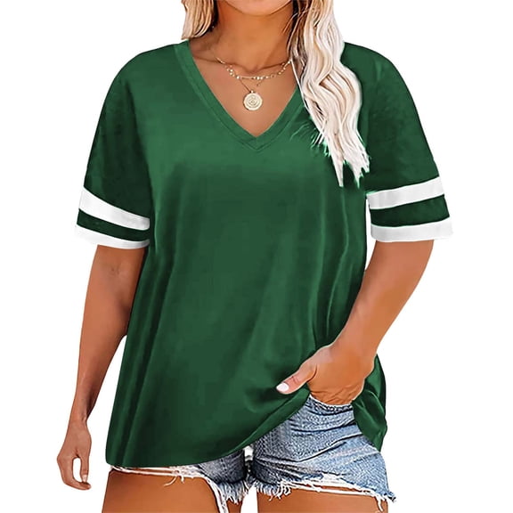 Bovemsi Ladies Loose Casual V Neck Short Sleeve Cuff Striped Patchwork Solid Color Womens T Shirt, Green Women's Summer Short Sleeve T-Shirts, L