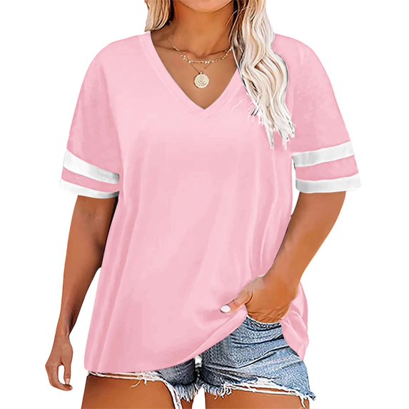 Bovemsi Ladies Loose Casual V Neck Short Sleeve Cuff Striped Patchwork Solid Color Womens T Shirt, Pink Women's Summer Short Sleeve T-Shirts, XXL