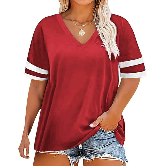 Bovemsi Ladies Loose Casual V Neck Short Sleeve Cuff Striped Patchwork Solid Color Womens T Shirt, Red Women's Summer Short Sleeve T-Shirts, XL
