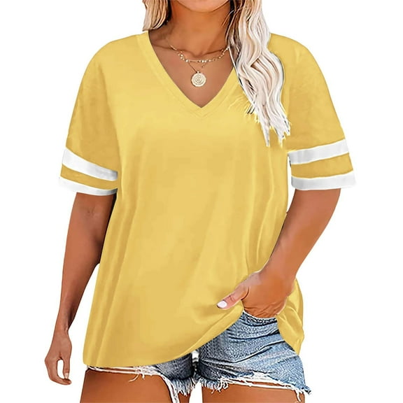 Bovemsi Ladies Loose Casual V Neck Short Sleeve Cuff Striped Patchwork Solid Color Womens T Shirt, Yellow Women's Summer Short Sleeve T-Shirts, XL