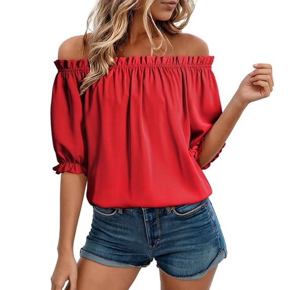 Bovemsi Long Sleeve Shirts for Women Comfort Off The Shoulder Puff Short Sleeve Casual Fashion Tops for Women Trendy M