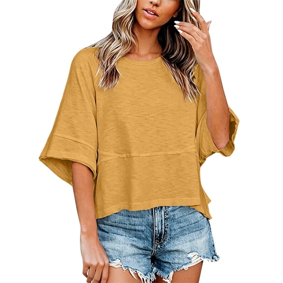 Bovemsi Long Sleeve Shirts for Women Comfort Round Neck Batwing Color Panels Short Sleeve Casual Tops for Women Trendy XXL
