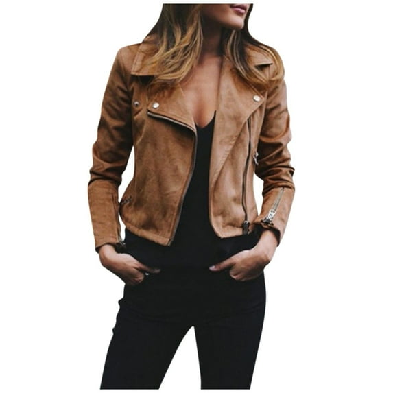 Bovemsi Motor Biker Short Jacket Fashion Motorcycle Collar Faux Women Sleeve Coats Long Solid Color Casual Women's Coat Fall Winter Clothes S