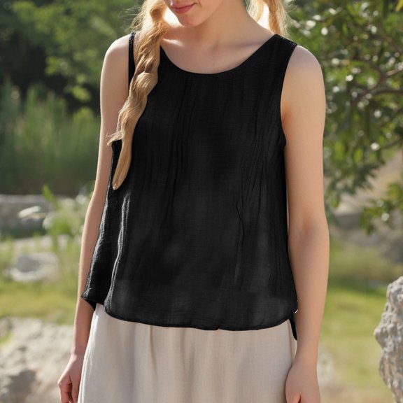 Bovemsi Oversized Cotton Linen Camisole Tank Top for Women – Spaghetti Strap Loose Fit Sleeveless Shirt, Black, XL