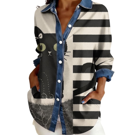 Bovemsi Oversized Tshirts for Women Comfort Denim Collar Front Patchwork Long Sleeve Button Detail Tops for Women Trendy M