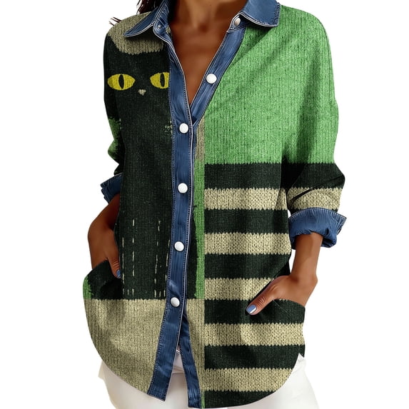 Bovemsi Oversized Tshirts for Women Comfort Denim Collar Front Patchwork Long Sleeve Button Detail Tops for Women Trendy XXL